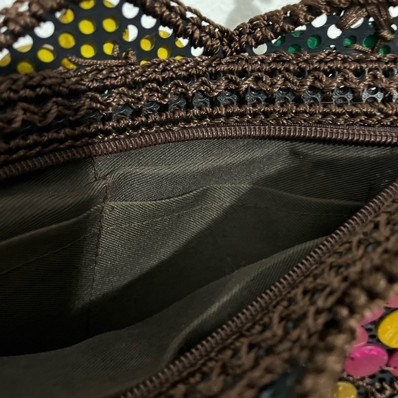 Handcrafted vintage bag coconut shell brown knit colorful bead floral boho Fall - Picture 7 of 11